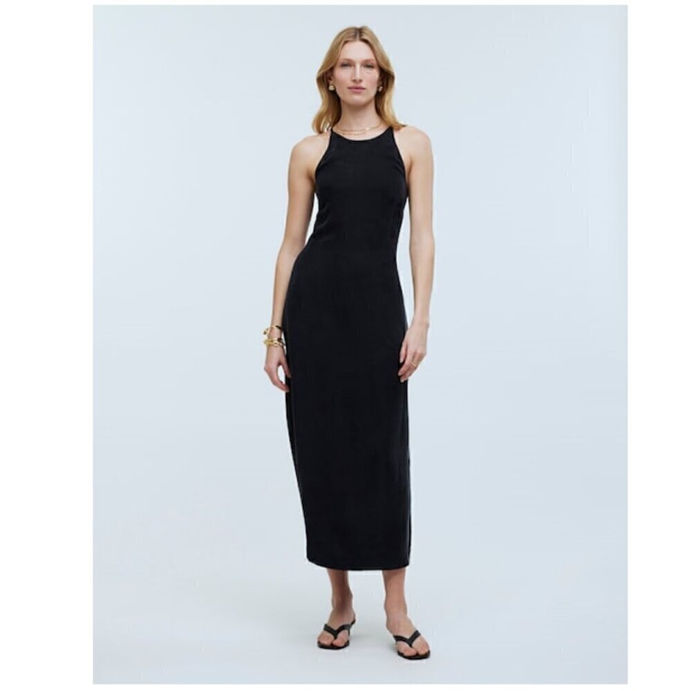 Madewell Crisscross Lightweight Midi Slip Dress Cupro-Blend Black Size 0/XS NWT